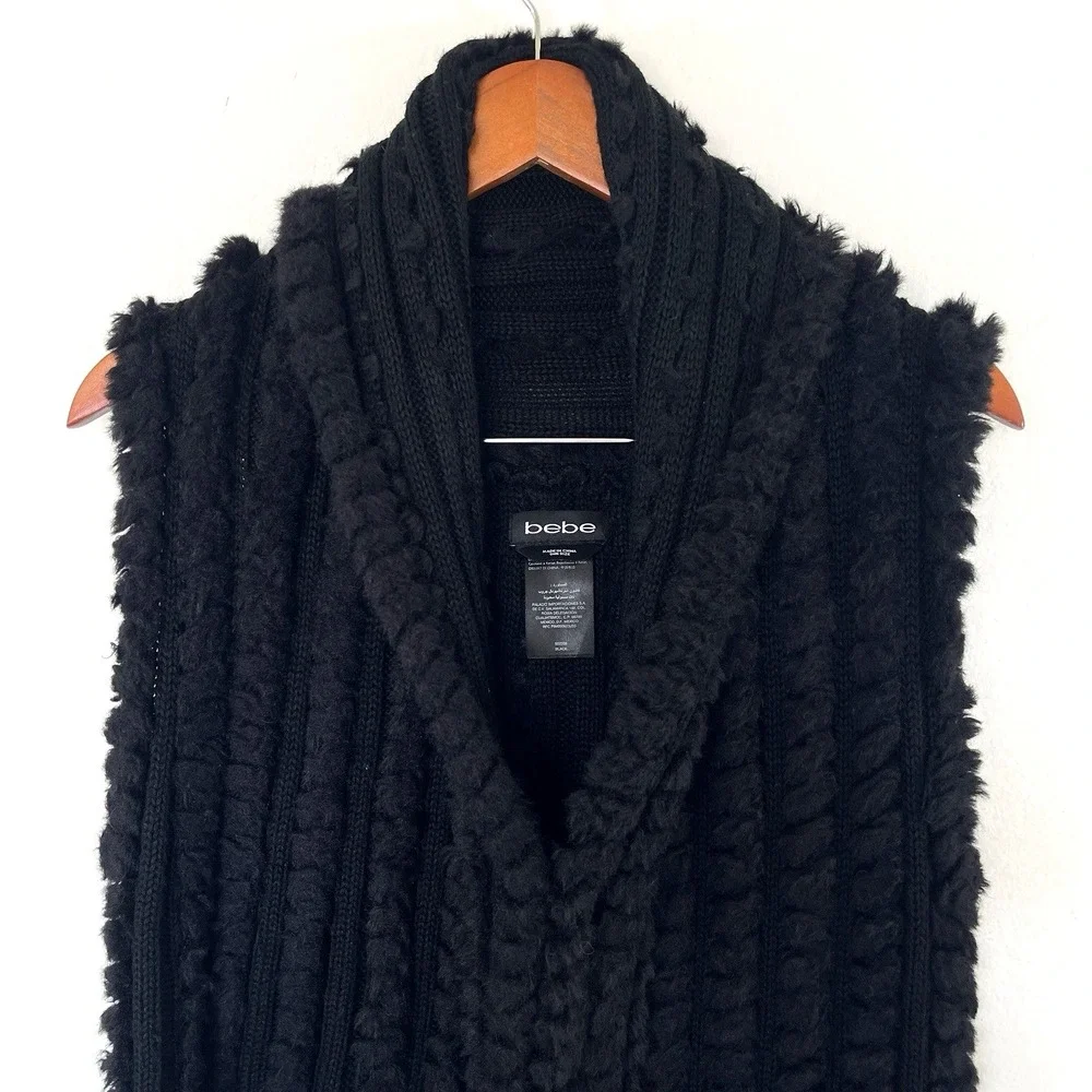 Vintage Y2K Bebe One Size‎ Faux Fur Sweater Vest Black Fringe Goth Grunge 90s